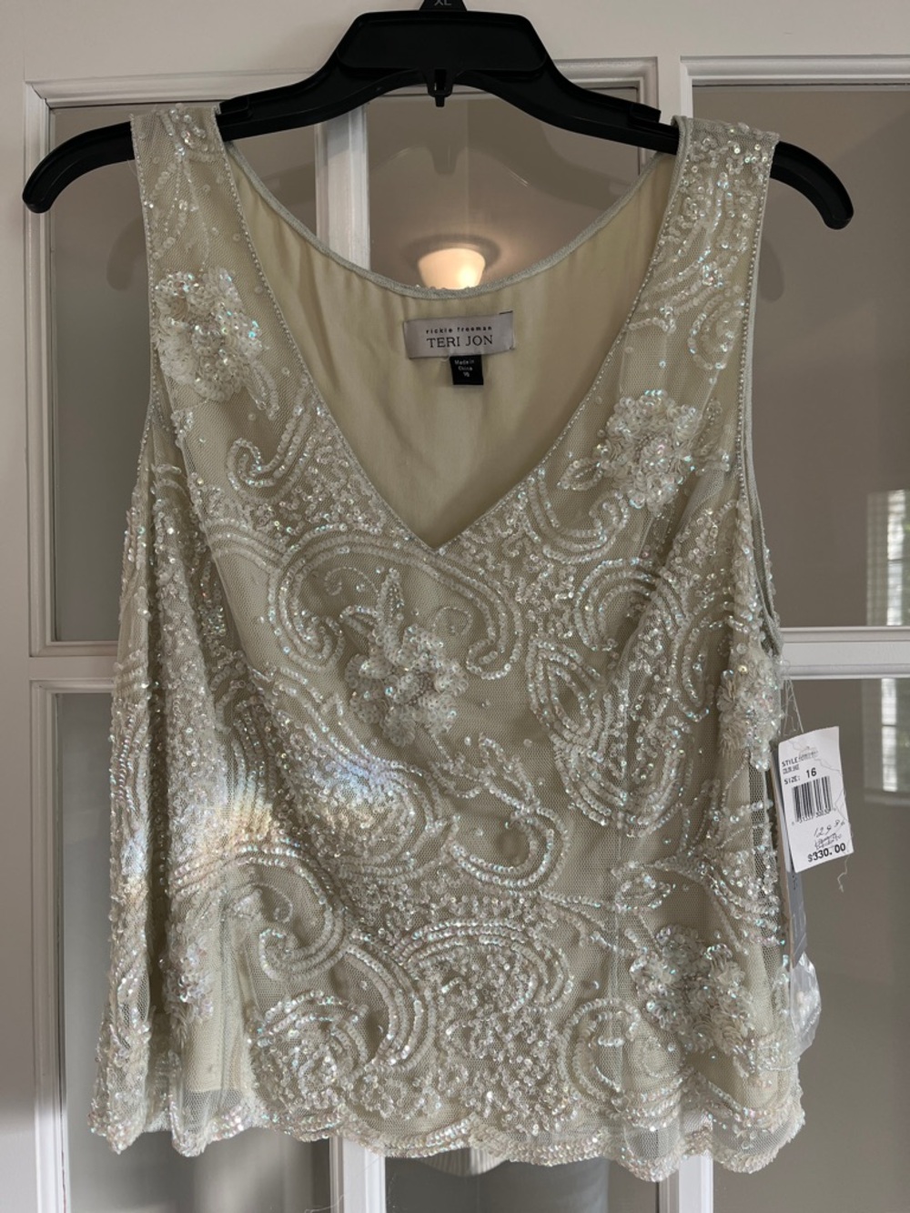 Teri Jon Ivory Beaded V-Neck Sequin Embellished Top